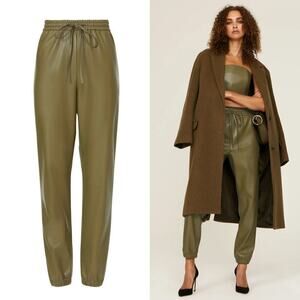 Natori Faux Leather Joggers Pants Pull On Elastic Drawstring Waist Olive XS